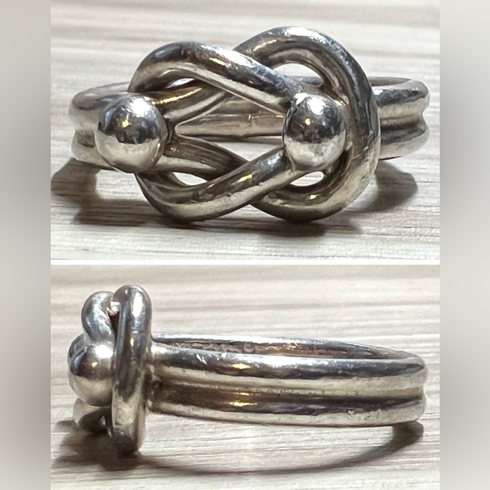 Vintage Handmade Sterling Silver Knotted Double Ball Accented Ring, Size 7